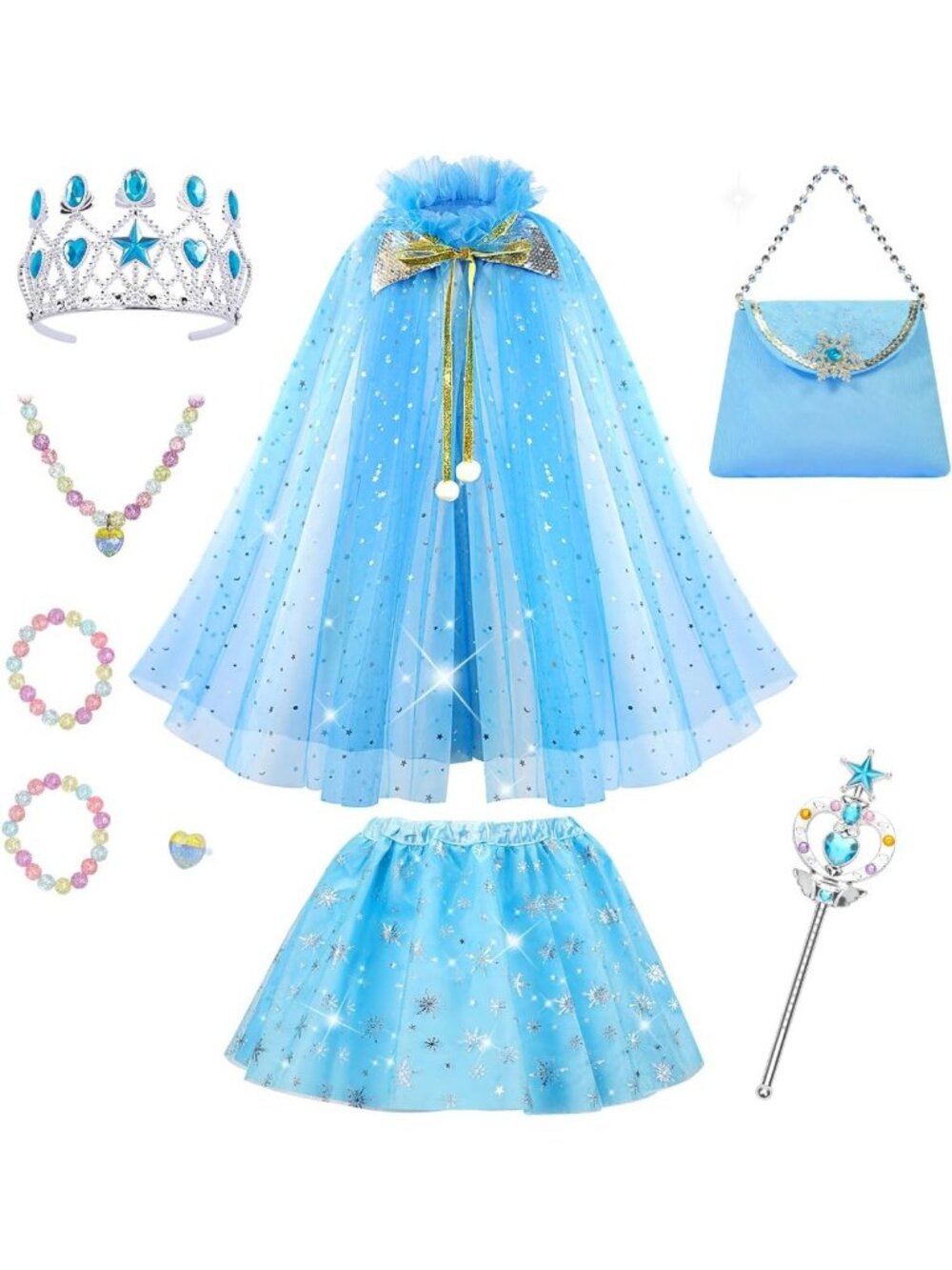 Princess Dress Up Cape with Crown & Tutu Costume Set for Girls Ages 3-8-Blue